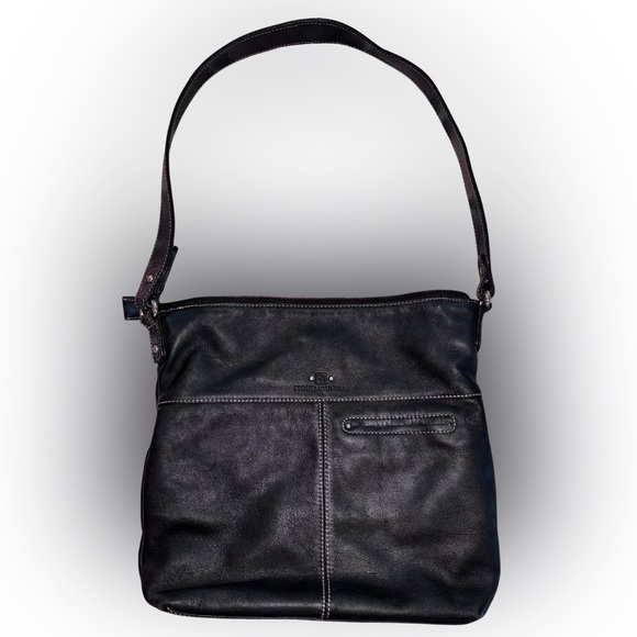 Stone Mountain Black Genuine Leather Shoulder Bag with Blue Paisley Interior - Picture 2 of 7